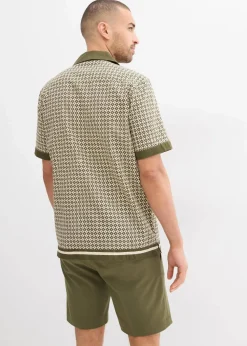 bonprix Hemden|Große Größen|Kurzarmhemd aus luftigem Leinen-Mix kieselbeige/dunkeloliv graphisch bedruckt