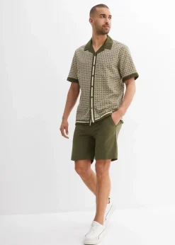 bonprix Hemden|Große Größen|Kurzarmhemd aus luftigem Leinen-Mix kieselbeige/dunkeloliv graphisch bedruckt