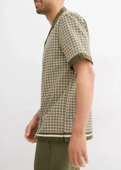 bonprix Hemden|Große Größen|Kurzarmhemd aus luftigem Leinen-Mix kieselbeige/dunkeloliv graphisch bedruckt