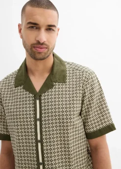 bonprix Hemden|Große Größen|Kurzarmhemd aus luftigem Leinen-Mix kieselbeige/dunkeloliv graphisch bedruckt