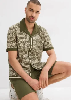 bonprix Hemden|Große Größen|Kurzarmhemd aus luftigem Leinen-Mix kieselbeige/dunkeloliv graphisch bedruckt
