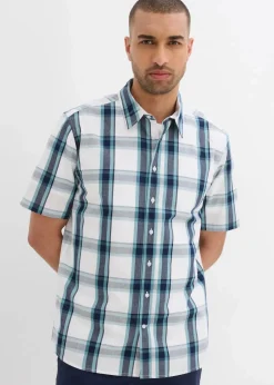 bonprix Große Größen|Hemden|Kurzarmhemd aus reiner Baumwolle wollweiß/dunkelblau/mineralblau kariert