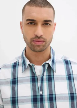 bonprix Große Größen|Hemden|Kurzarmhemd aus reiner Baumwolle wollweiß/dunkelblau/mineralblau kariert