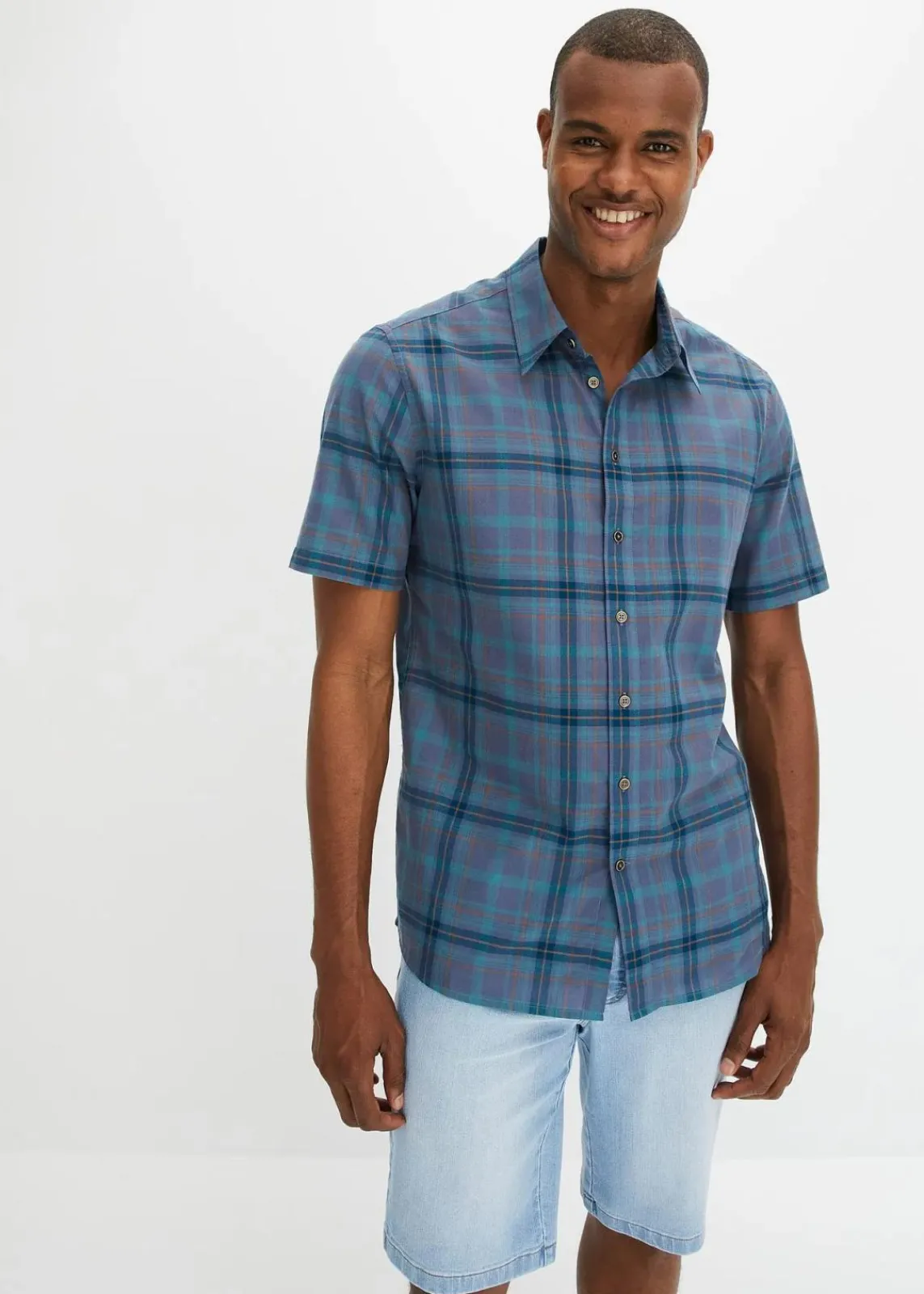 bonprix Große Größen|Hemden|Kurzarmhemd aus reiner Baumwolle blau kariert