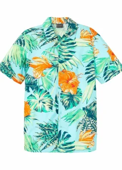 bonprix Hemden|Große Größen|Kurzarmhemd aus reiner Baumwolle aqua bedruckt