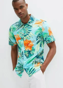 bonprix Hemden|Große Größen|Kurzarmhemd aus reiner Baumwolle aqua bedruckt
