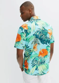 bonprix Hemden|Große Größen|Kurzarmhemd aus reiner Baumwolle aqua bedruckt