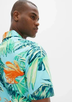 bonprix Hemden|Große Größen|Kurzarmhemd aus reiner Baumwolle aqua bedruckt