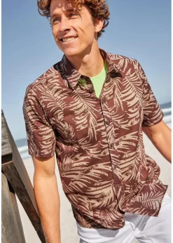 bonprix Strandmode|Große Größen|Kurzarmhemd aus reiner Baumwolle terrabraun bedruckt
