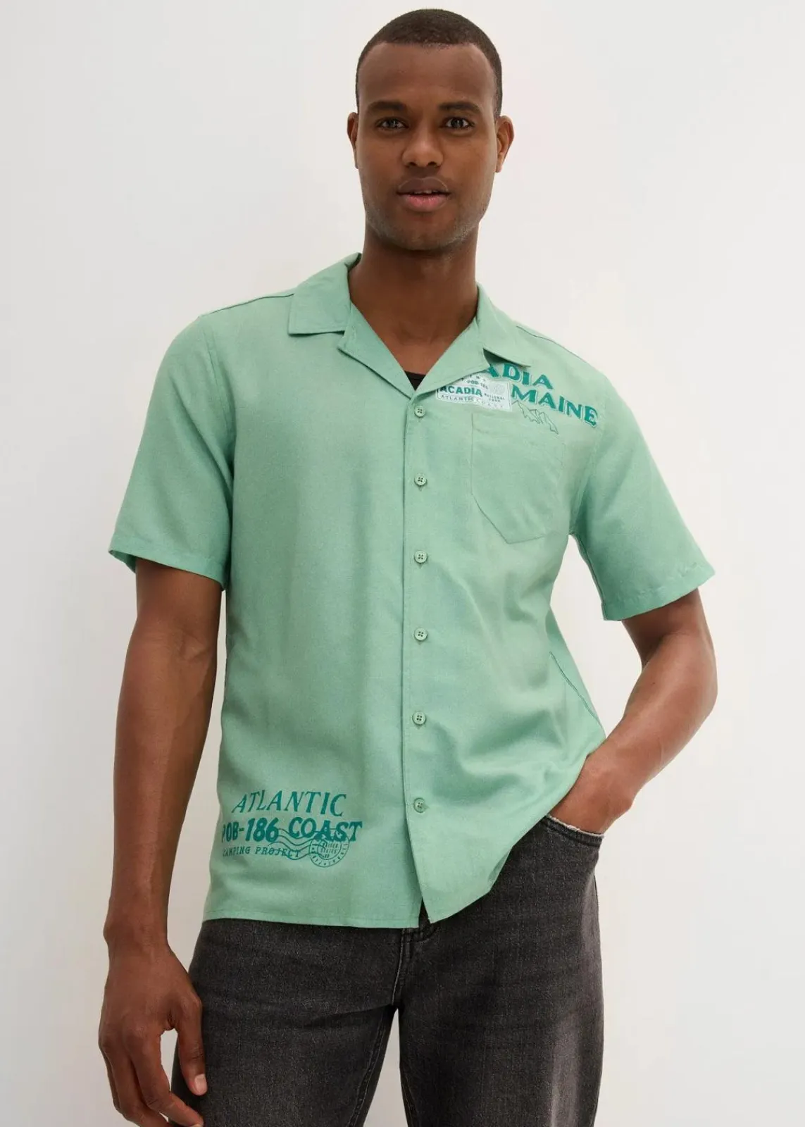 bonprix Große Größen|Hemden|Kurzarmhemd aus reiner Baumwolle mint meliert bedruckt