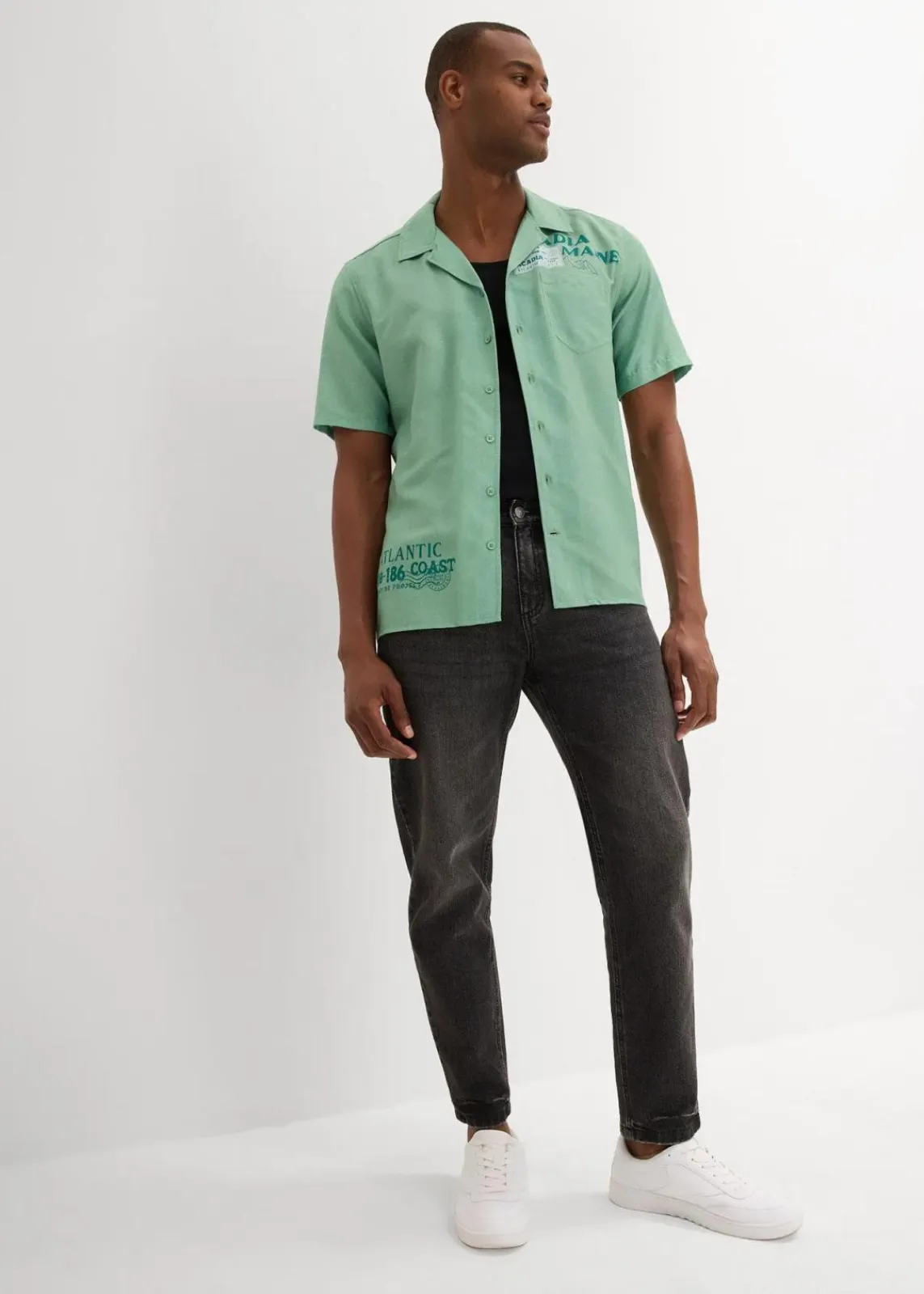 bonprix Große Größen|Hemden|Kurzarmhemd aus reiner Baumwolle mint meliert bedruckt