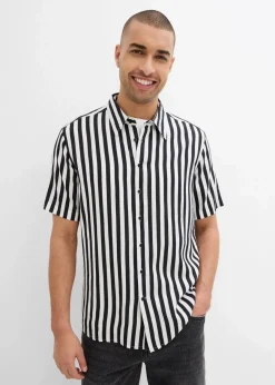 bonprix Große Größen|Hemden|Kurzarmhemd aus softer Viskose schwarz/wollweiß gestreift