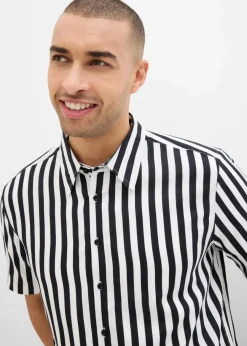 bonprix Große Größen|Hemden|Kurzarmhemd aus softer Viskose schwarz/wollweiß gestreift