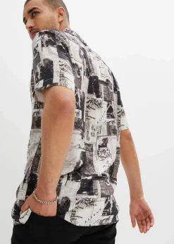 bonprix Große Größen|Hemden|Kurzarmhemd aus Viskose weiß/schwarz graphisch bedruckt