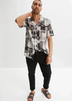 bonprix Große Größen|Hemden|Kurzarmhemd aus Viskose weiß/schwarz graphisch bedruckt