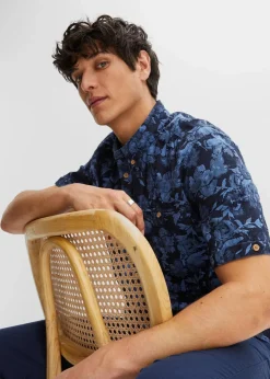 bonprix Große Größen|Hemden|Kurzarmhemd in Seersucker-Qualität blau geblümt