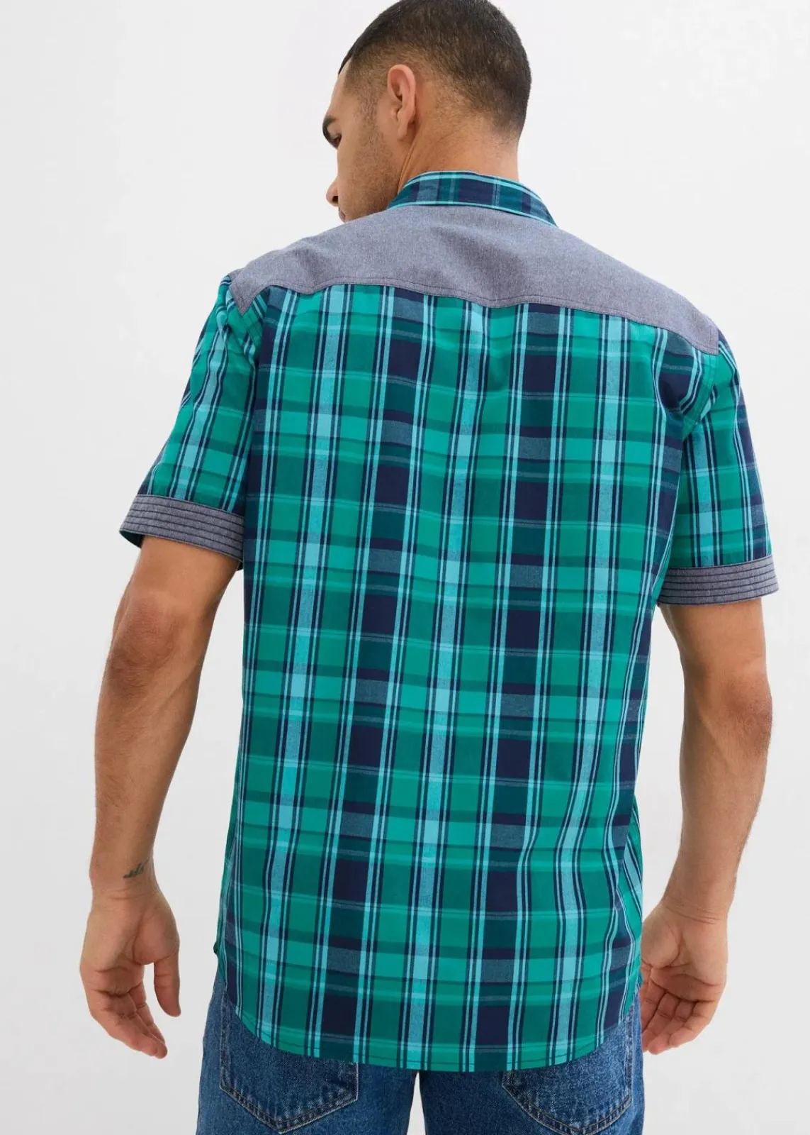 bonprix Große Größen|Hemden|Kurzarmhemd mit Denim-Besatz grün-blau kariert