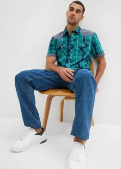bonprix Große Größen|Hemden|Kurzarmhemd mit Denim-Besatz grün-blau kariert