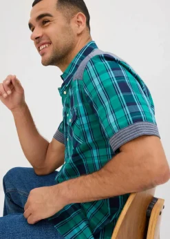 bonprix Große Größen|Hemden|Kurzarmhemd mit Denim-Besatz grün-blau kariert