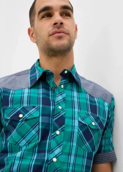 bonprix Große Größen|Hemden|Kurzarmhemd mit Denim-Besatz grün-blau kariert