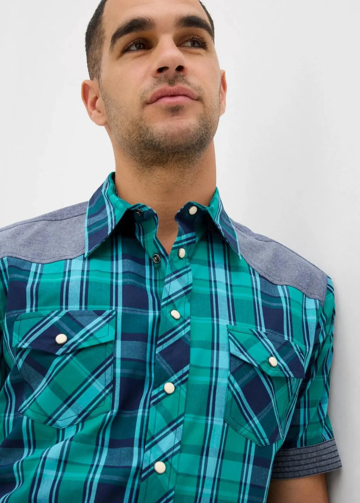 bonprix Große Größen|Hemden|Kurzarmhemd mit Denim-Besatz grün-blau kariert