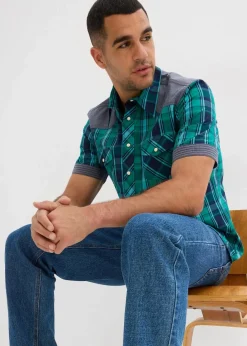 bonprix Große Größen|Hemden|Kurzarmhemd mit Denim-Besatz grün-blau kariert
