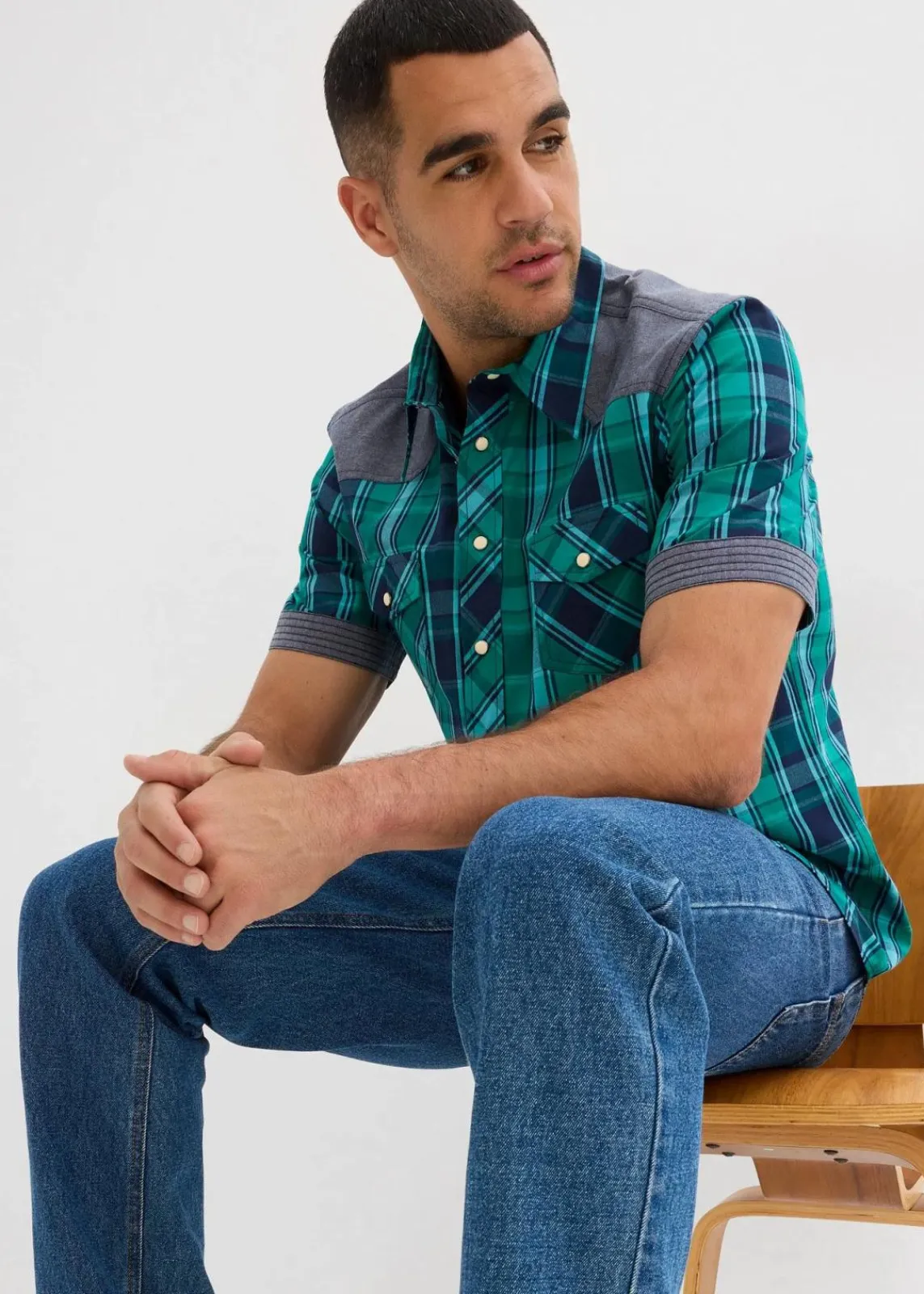 bonprix Große Größen|Hemden|Kurzarmhemd mit Denim-Besatz grün-blau kariert