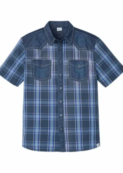 Kurzarmhemd mit Denimbesatz aus reiner Bio-Baumwolle|bonprix New