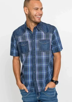Kurzarmhemd mit Denimbesatz aus reiner Bio-Baumwolle|bonprix New