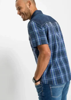 Kurzarmhemd mit Denimbesatz aus reiner Bio-Baumwolle|bonprix New