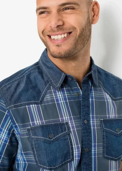 Kurzarmhemd mit Denimbesatz aus reiner Bio-Baumwolle|bonprix New