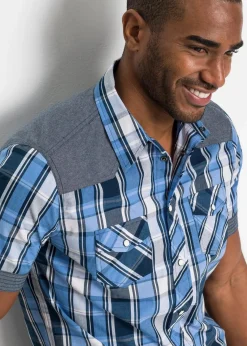 bonprix Hemden|Große Größen|Kurzarmhemd mit Denim-Besatz dunkelblau kariert