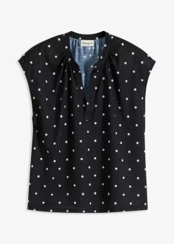 bonprix Nachhaltigere Materialien|Shirts & Tops|Kurzarmshirt mit Henley-Ausschnitt aus Viskosemix schwarz/weiß gepunktet