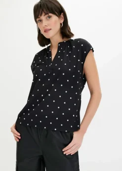 bonprix Nachhaltigere Materialien|Shirts & Tops|Kurzarmshirt mit Henley-Ausschnitt aus Viskosemix schwarz/weiß gepunktet