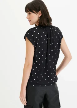 bonprix Nachhaltigere Materialien|Shirts & Tops|Kurzarmshirt mit Henley-Ausschnitt aus Viskosemix schwarz/weiß gepunktet
