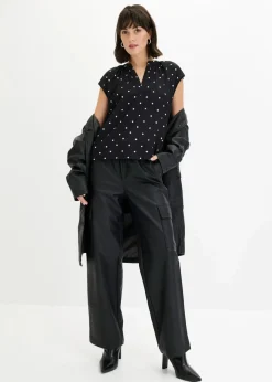 bonprix Nachhaltigere Materialien|Shirts & Tops|Kurzarmshirt mit Henley-Ausschnitt aus Viskosemix schwarz/weiß gepunktet