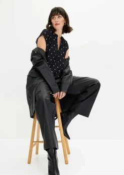 bonprix Nachhaltigere Materialien|Shirts & Tops|Kurzarmshirt mit Henley-Ausschnitt aus Viskosemix schwarz/weiß gepunktet