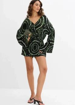 bonprix Bekleidung·Homewear|Jumpsuits|Kurzer Jumpsuit aus fließender Viskose petrol/weiß bedruckt