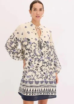 bonprix Bekleidung·Pullover & Strickjacken|Kleider|Kurzes Boho-Kleid im Leinen-Look natur/dunkelblau