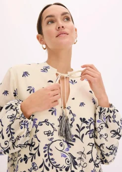 bonprix Bekleidung·Pullover & Strickjacken|Kleider|Kurzes Boho-Kleid im Leinen-Look natur/dunkelblau