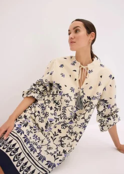 bonprix Bekleidung·Pullover & Strickjacken|Kleider|Kurzes Boho-Kleid im Leinen-Look natur/dunkelblau