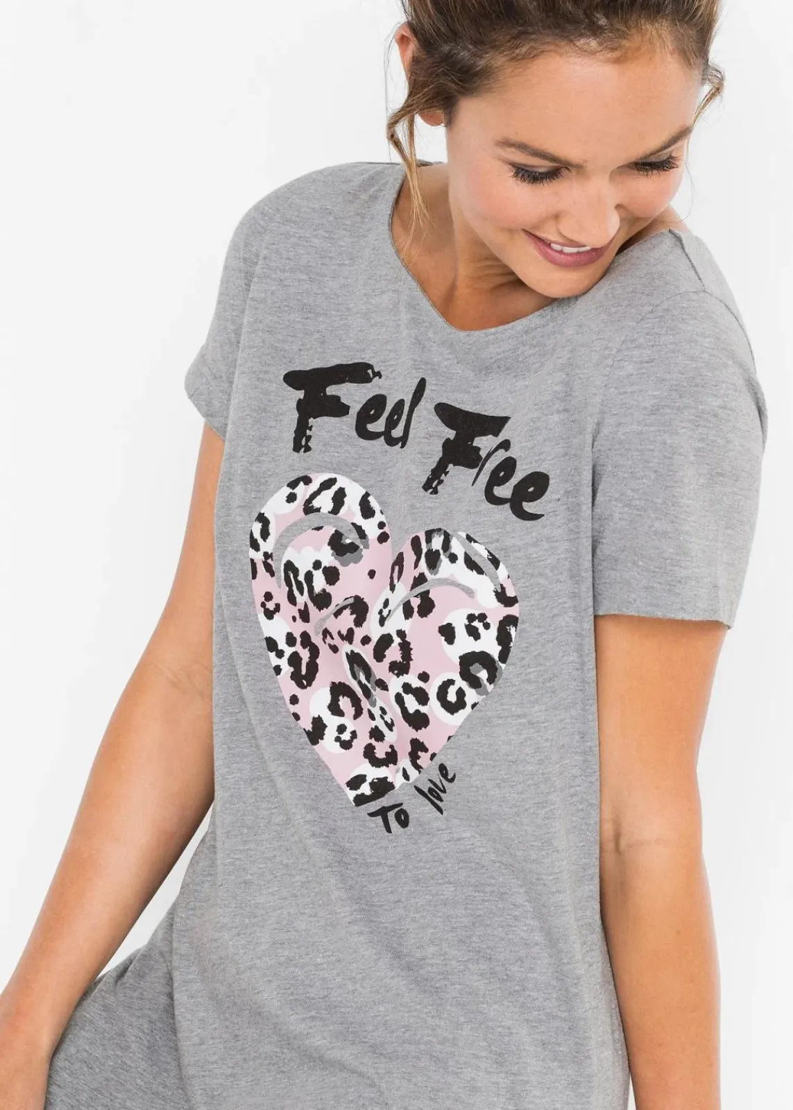 bonprix Wäsche·Nachtwäsche|Nachhaltigere Materialien|Kurzes Nachthemd grau meliert/puderrosa bedruckt