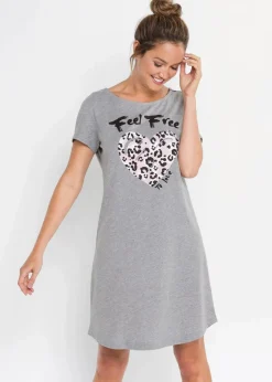 bonprix Wäsche·Nachtwäsche|Nachhaltigere Materialien|Kurzes Nachthemd grau meliert/puderrosa bedruckt