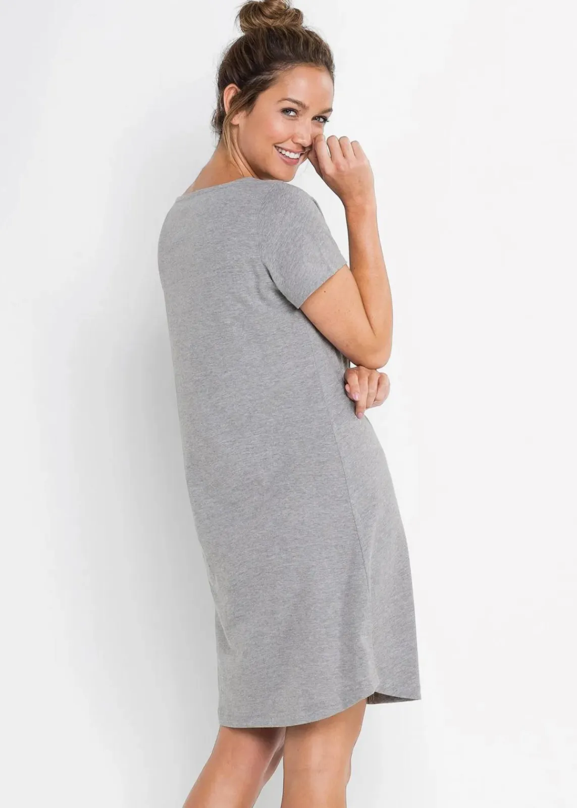 bonprix Wäsche·Nachtwäsche|Nachhaltigere Materialien|Kurzes Nachthemd grau meliert/puderrosa bedruckt