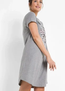 bonprix Wäsche·Nachtwäsche|Nachhaltigere Materialien|Kurzes Nachthemd grau meliert/puderrosa bedruckt