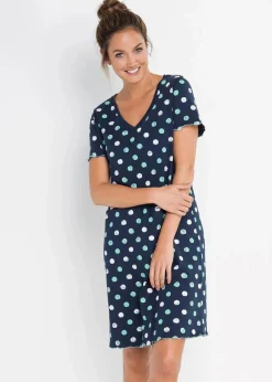 bonprix Wäsche·Nachtwäsche|Nachhaltigere Materialien|Kurzes Nachthemd aus Bio-Baumwolle dunkelblau gepunktet