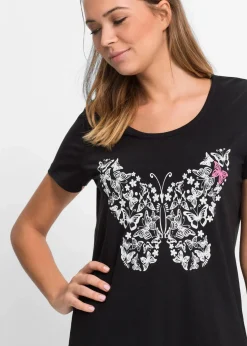 bonprix Wäsche·Nachtwäsche|Nachhaltigere Materialien|Kurzes Nachthemd aus Bio-Baumwolle schwarz bedruckt