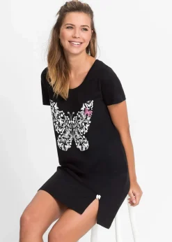 bonprix Wäsche·Nachtwäsche|Nachhaltigere Materialien|Kurzes Nachthemd aus Bio-Baumwolle schwarz bedruckt