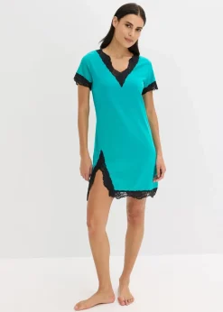 bonprix Nachhaltigere Materialien|Nachtwäsche|Kurzes Nachthemd mit zarter Spitze smaragd