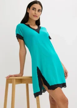 bonprix Nachhaltigere Materialien|Nachtwäsche|Kurzes Nachthemd mit zarter Spitze smaragd